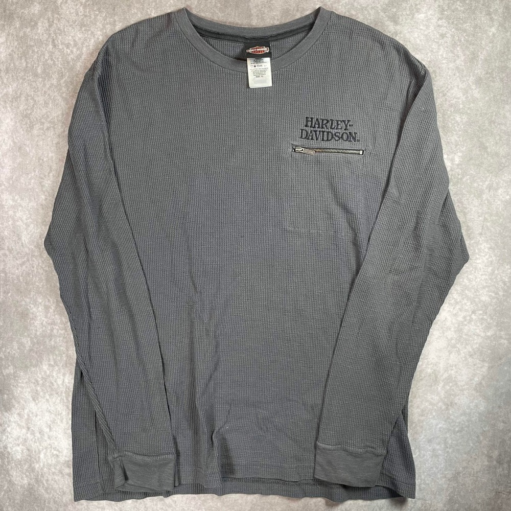 Harley Davidson Mens XL Gray Waffle Knit Thermal Long Sleeve Zipper Pocket Shirt